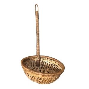 Hanging Pan Basket - Scoop Handle Round Basket Split Wood Wicker Rattan - Boho V